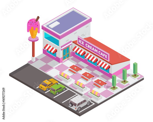 Modern Establish Isometric Commercial Restaurant Building - Ice Cream Cafe