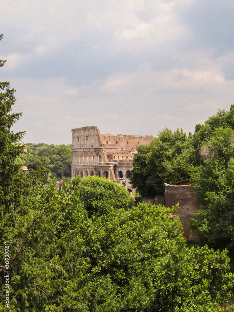 A part of the Coliseum viewed among trees - Rome, Italy