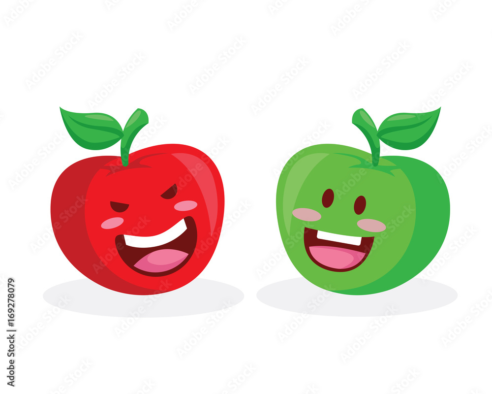 Healthy Happy Organic Fruit Character Illustration - Red And Green Apple Healthy Happy Organic Fruit Character Illustration - Red And Green Apple