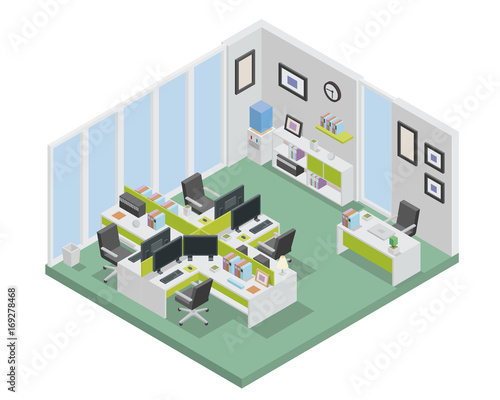 Modern productive creative office space interior design in isometric view.