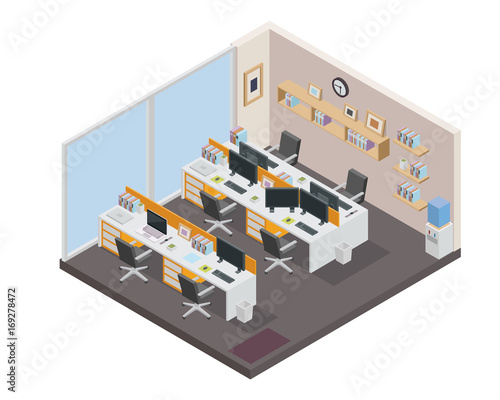 Modern productive creative office space interior design in isometric view.