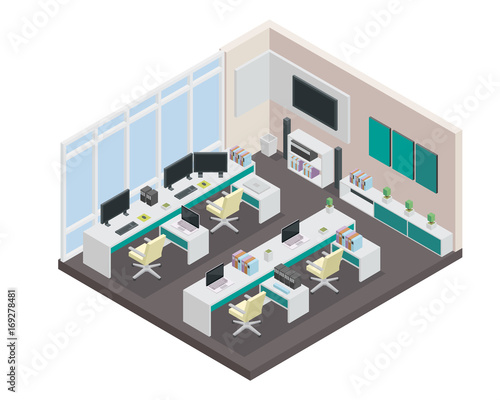 Modern productive creative office space interior design in isometric view.