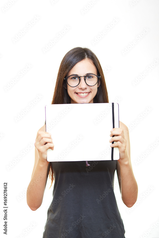 Young beautiful woman in glasses on white isolated background holds notebook teacher emotions Young beautiful woman in glasses on white isolated background holds notebook teacher emotions