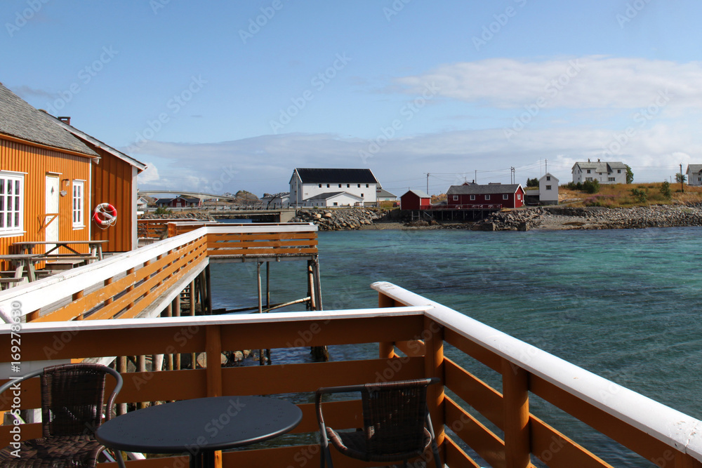 Houses and veranda off the coast. Islands of Lofoten, .