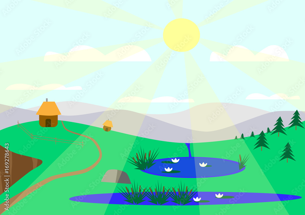 Fototapeta premium Sunny landscape with lakes