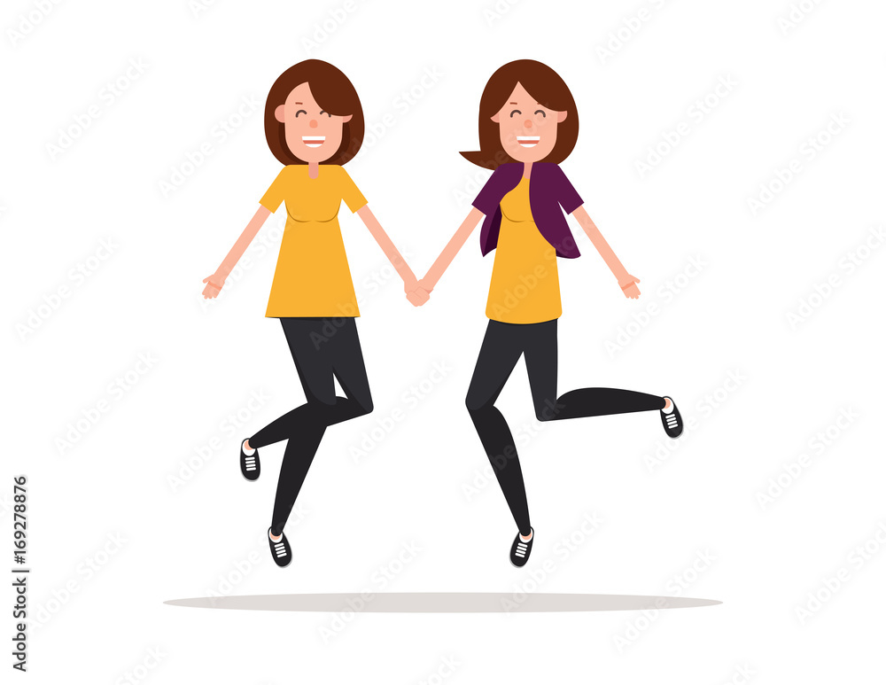 Happy. Couple of young woman jumping on a white background. Character flat style.