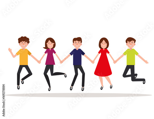 Happy. Group of people jumping on a white background. Concept friendship vector illustration. Character design flat style.