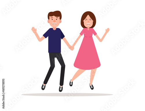 Happy. Couple of young people jumping on a white background. Character flat style.
