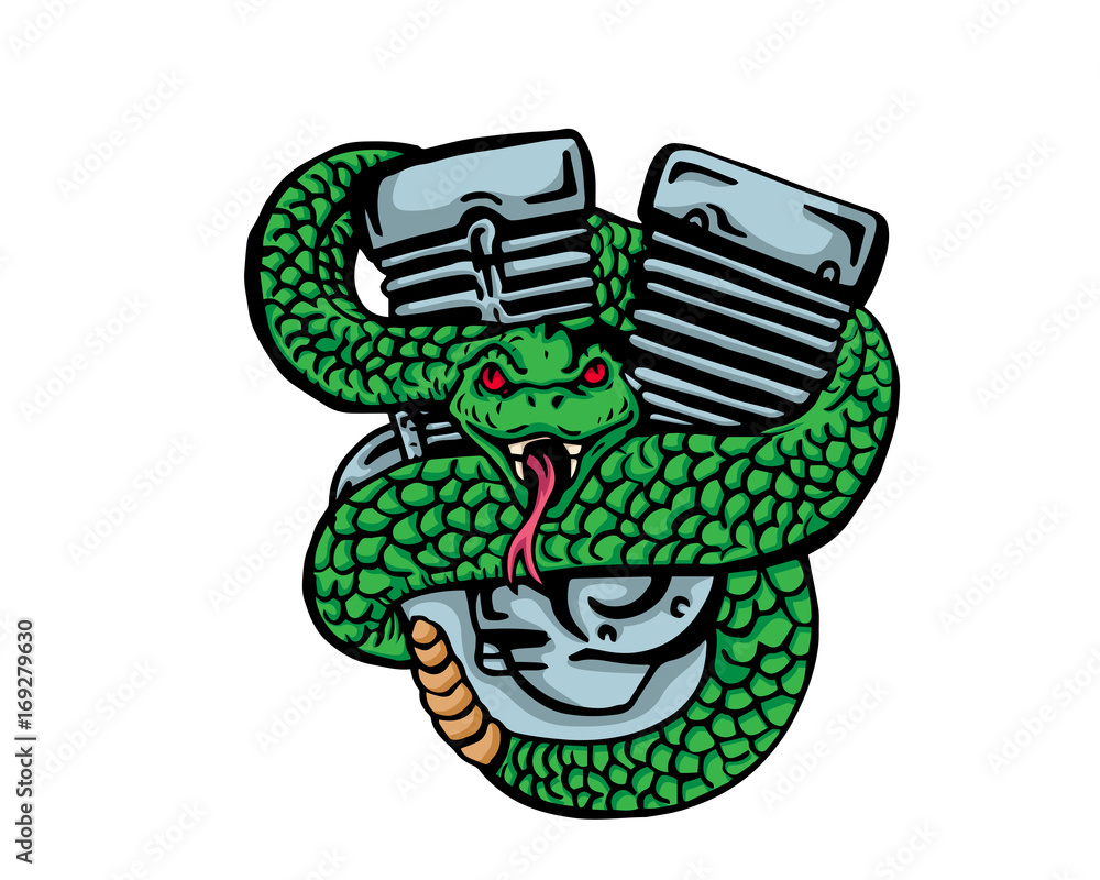 Naklejka premium Vintage Tattoo Art Illustration - Poison Rattle Snake And Motorcycle Engine