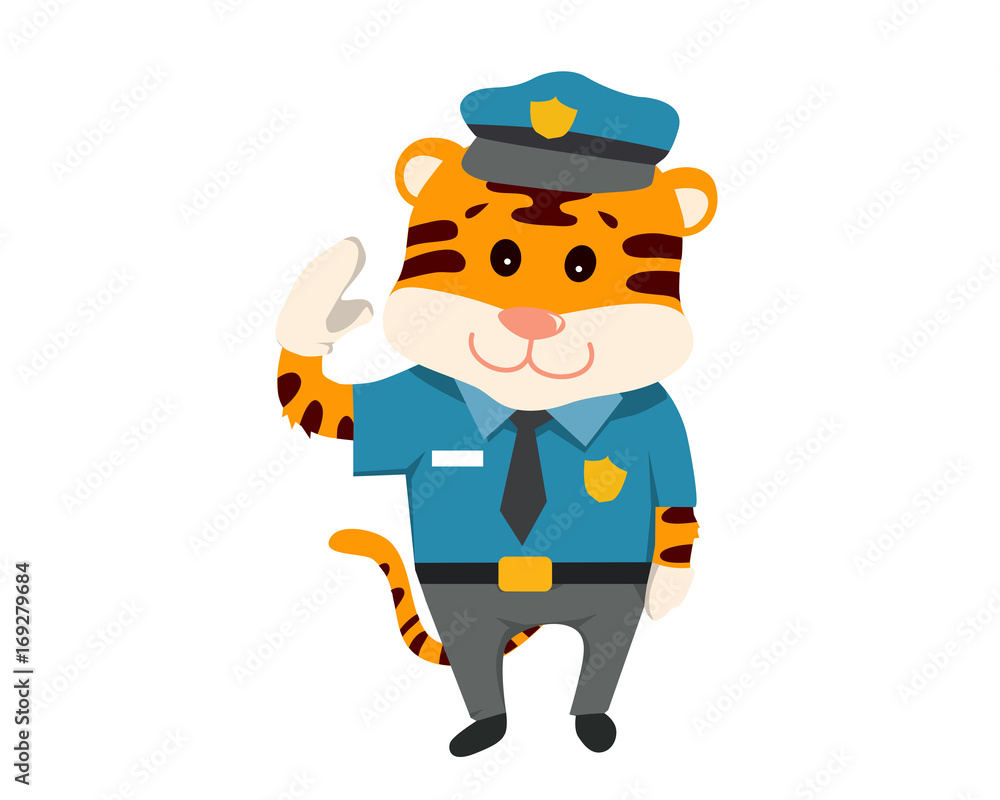 Fototapeta premium Cute Tiger in Police Uniform Illustration Suitable for Education, Card, T-Shirt, Social Media, Print, Book, Stickers, and Any Other Kids Related Activities