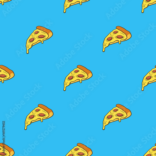 Vector illustration. Seamless pattern with pizza slice in pop art style on blue background. Fast food and italian cuisine. Pattern with contour