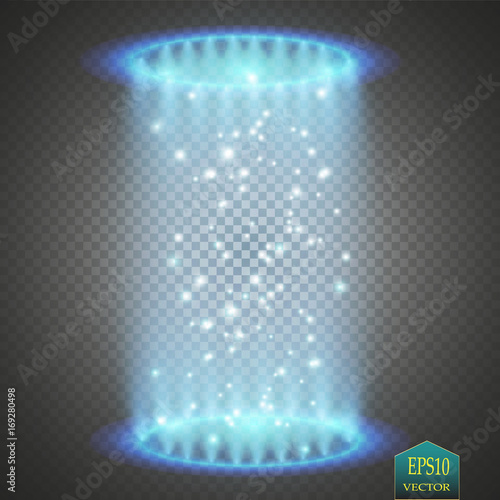 Magic fantasy portal. Futuristic teleport. Light effect. Blue candles rays of a night scene with sparks on a transparent background. Empty light effect of the podium. Disco club dancefloor.