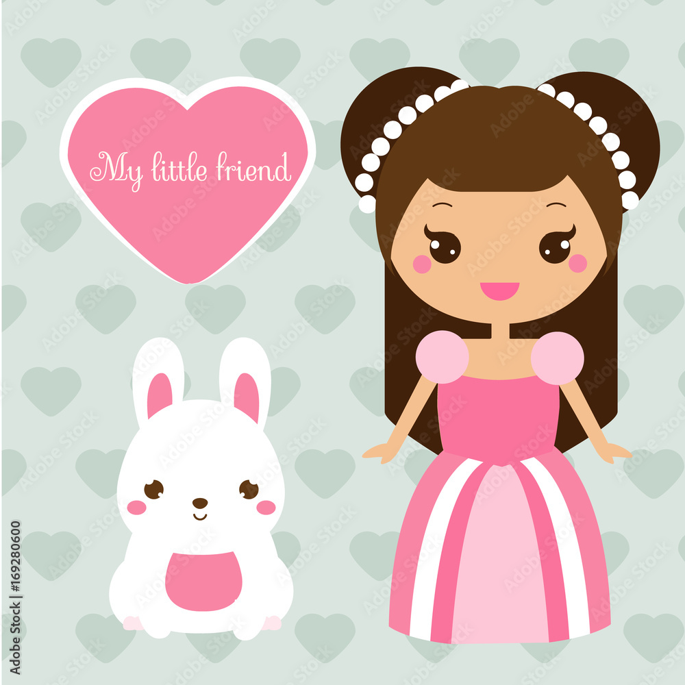 Cute princess with rabbit pet. Girl in pink dress and bunny. Vector illustration in kawaii style Cute princess with rabbit pet. Girl in pink dress and bunny. Vector illustration in kawaii style