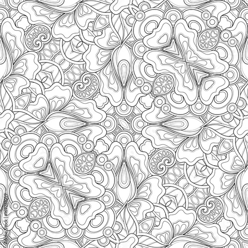 Monochrome Seamless Pattern with Mosaic Floral Motif. Endless Tribal Texture. Tile Background, Kaleidoscope. Coloring Book Page. Vector Contour Illustration. Abstract Mandala Art, Doodle Sketchy Style