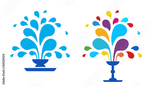 Set vector icon fountain. Logo design template fountain and drop. Blue fountain isolated on white background. A fountain of drops of paint. The festival of colors.