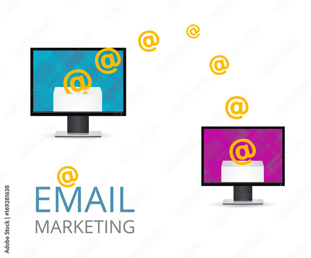 Email marketing. Conceptual illustration two computer with e-mails. Open the email on your computer. Vector envelope with the letter. Email marketing. Conceptual illustration two computer with e-mails. Open the email on your computer. Vector envelope with the letter.