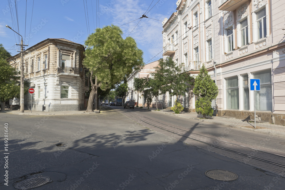 Crossroads of Karaev and Revolution streets in Evpatoria, Republic of Crimea, Russia