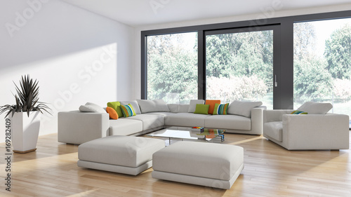 Modern bright living room, white wall. 3D rendering © 3DarcaStudio