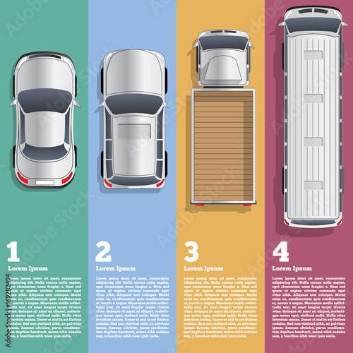 Illustration of different cars. View from above. Business brochure design template. Vector illustration.