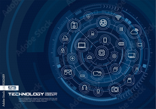 Abstract technology background. Digital connect system with integrated circles, glowing thin line icons. Virtual, augmented reality touch interface concept. Vector future infographic illustration