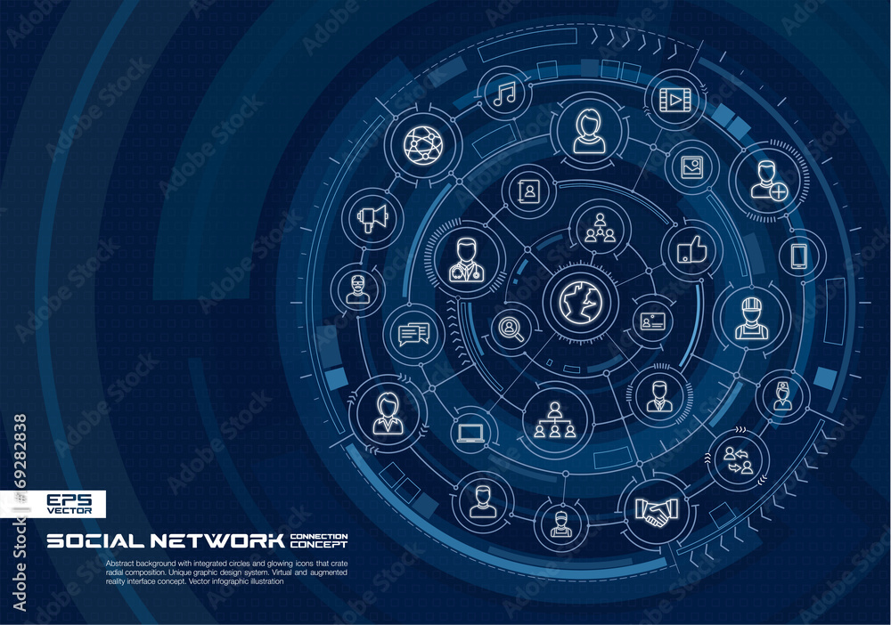 Abstract social network background. Digital connect system with integrated circles, glowing thin line icons. Virtual, augmented reality interface concept. Vector future infographic illustration Abstract social network background. Digital connect system with integrated circles, glowing thin line icons. Virtual, augmented reality interface concept. Vector future infographic illustration