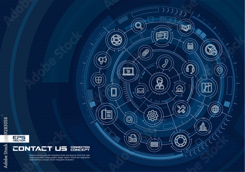 Abstract contact us, call center background. Digital connect system with integrated circles, glowing line icons. Virtual, augmented reality interface concept. Vector future infographic illustration