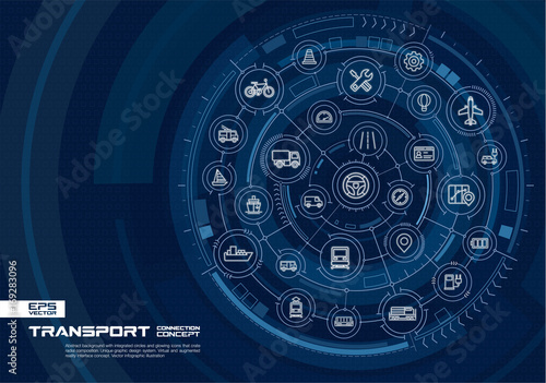 Abstract transportation background. Digital connect system with integrated circles, glowing thin line icons. Virtual, augmented reality interface concept. Vector future infographic illustration
