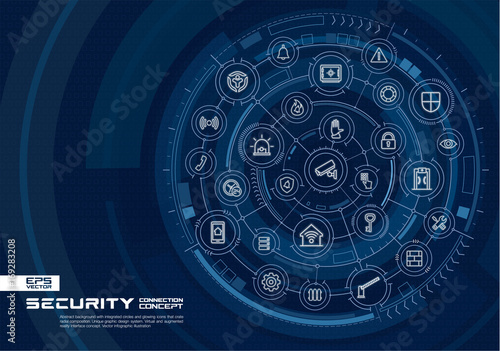 Abstract security, access control background. Digital connect system with integrated circles, glowing line icons. Virtual, augmented reality interface concept. Vector future infographic illustration