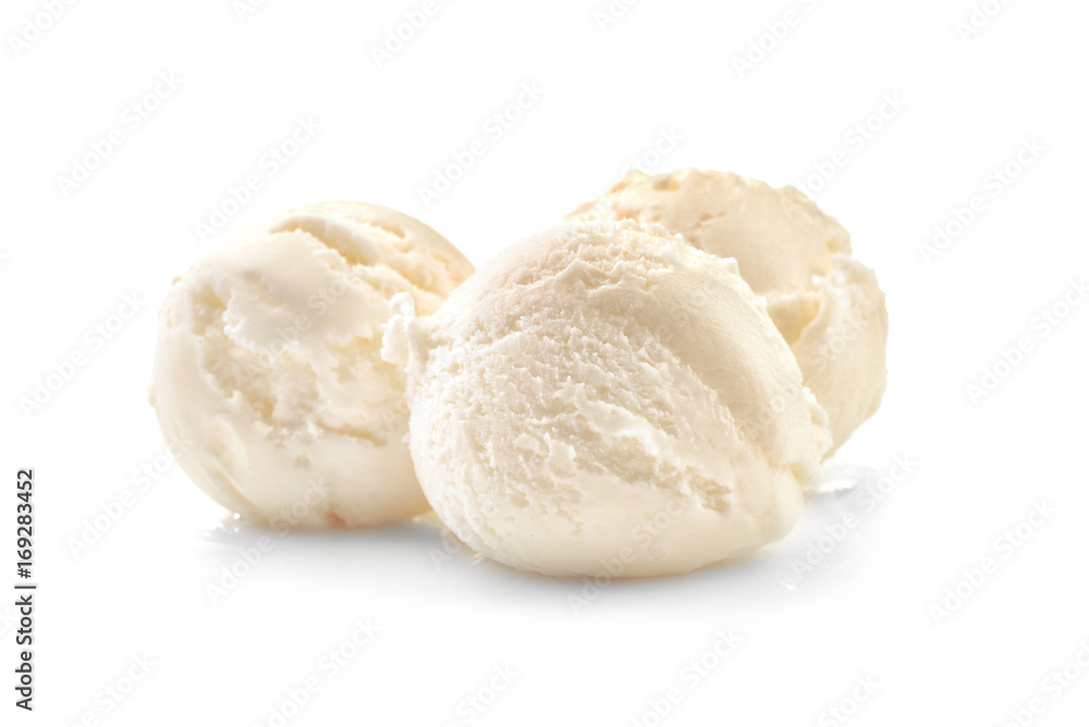Balls of delicious vanilla ice-cream on white background Balls of delicious vanilla ice-cream on white background