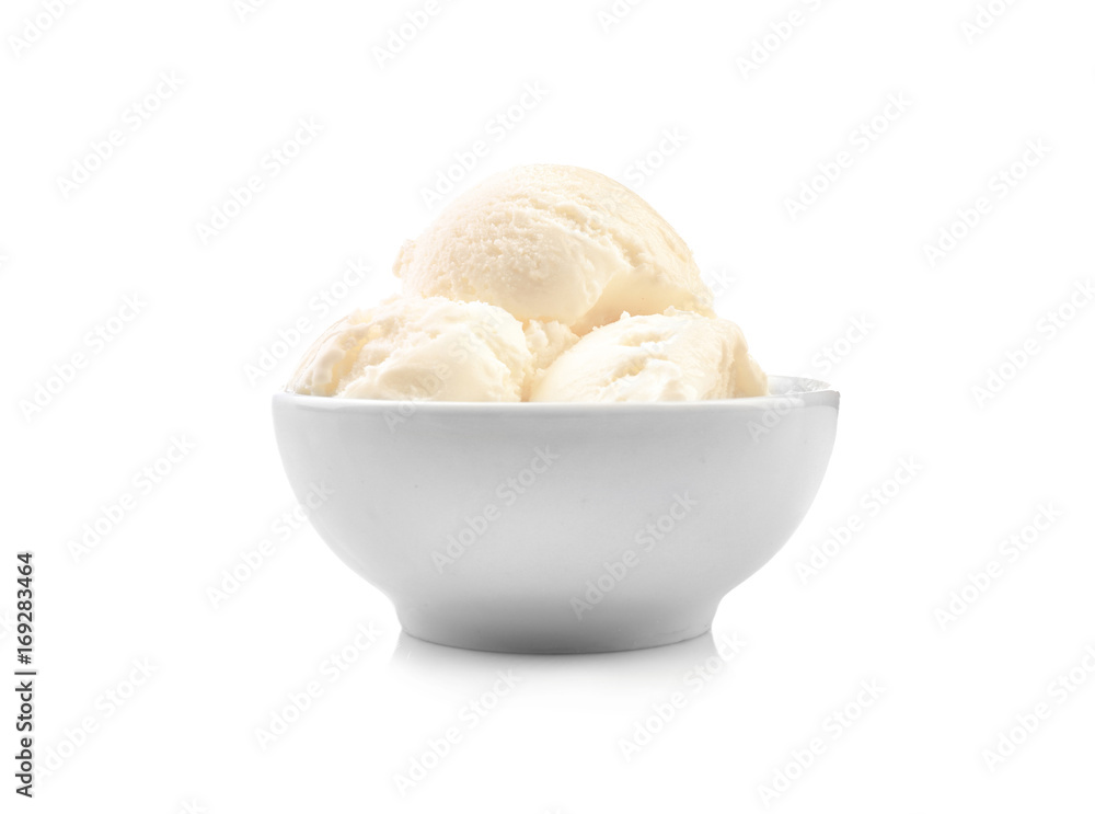 Bowl with delicious vanilla ice-cream on white background Bowl with delicious vanilla ice-cream on white background