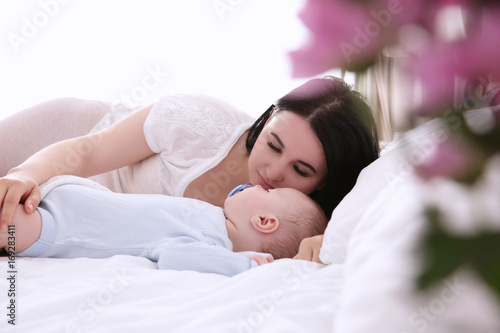 Woman with adorable sleepin...