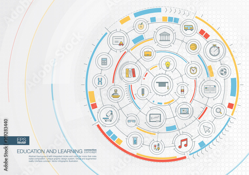 Abstract education and learning background. Digital connect system with integrated circles, color flat icons. Interface design. Elearning, graduation, school concept. Vector infographic illustration