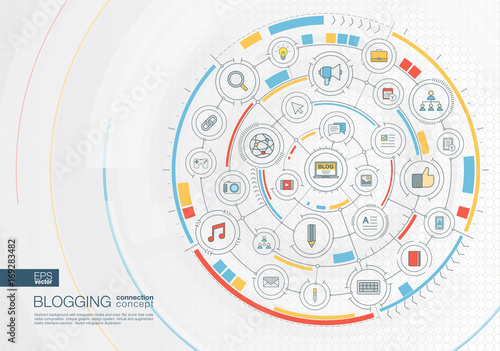 Abstract blogging background. Digital connect system with integrated circles, color flat icons. Interface design . Video content publish, follow, post writing concept. Vector infographic illustration
