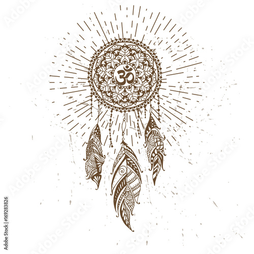 Hand-drawn mandala with dreamcatcher and om sign. Ethnic illustration, tribal