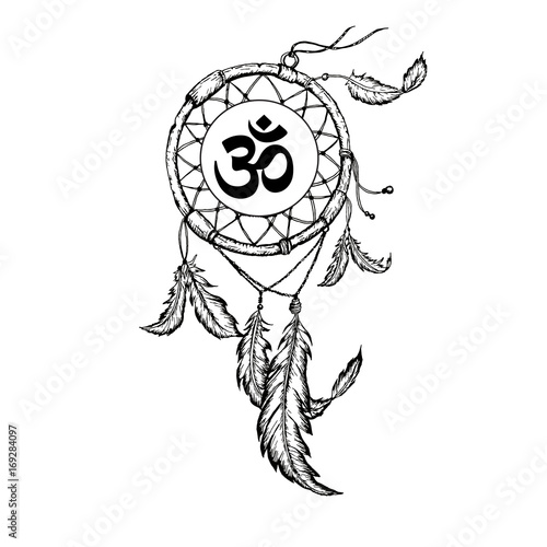 Hand-drawn dreamcatcher with feathers and om sign. Ethnic illustration, tribal