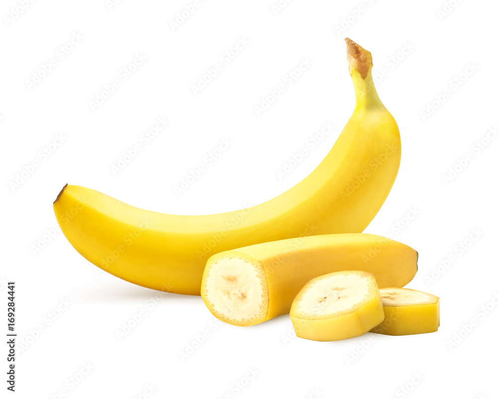 Isolated banana fruit and sliced banana isolated on white background Isolated banana fruit and sliced banana isolated on white background