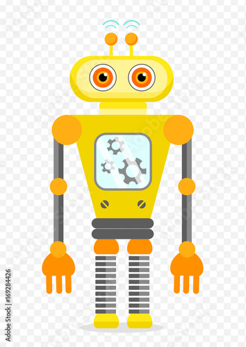 Yellow Cheerful Cartoon Robot Character With Two Antennas and Plot. Isolated vector robot on transparent background.