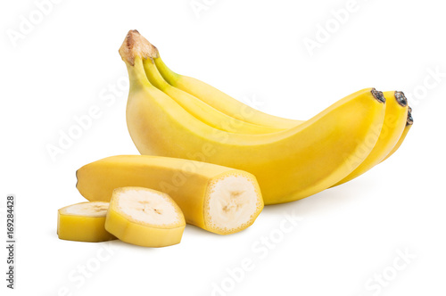 Isolated bunch of banana fruits and cut bananas isolated on white background