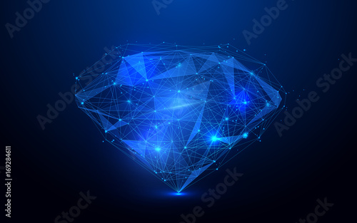 Low polygon diamond wireframe mesh on blue background