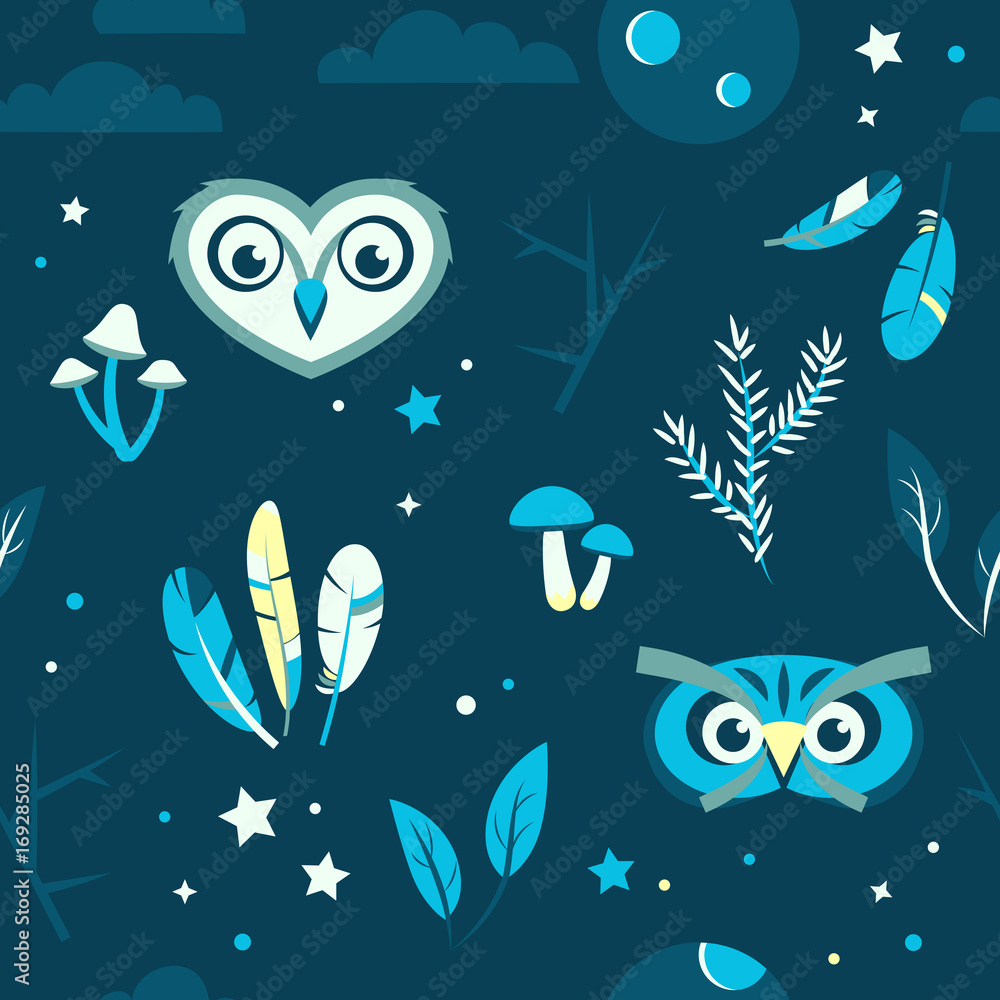 Obraz premium Seamless pattern with owls mushrooms feathers