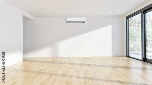 Modern bright living room with air conditioning, white wall. 3D rendering