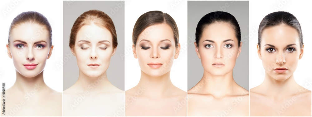 Collage of perfect faces. Various female portraits. Face lifting and skincare concept. Collage of perfect faces. Various female portraits. Face lifting and skincare concept.