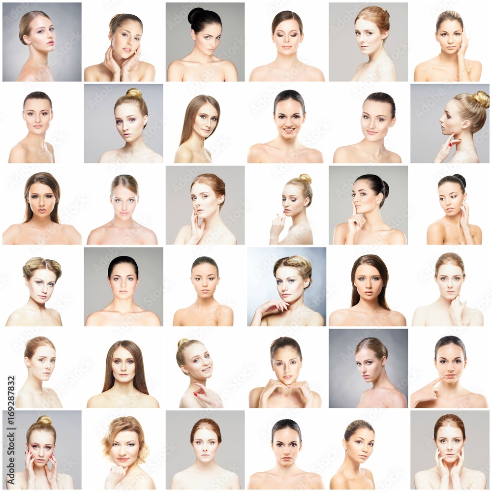Collection of female spa portraits. Faces of different women. Face lifting, skincare, make-up concept. Collection of female spa portraits. Faces of different women. Face lifting, skincare, make-up concept.