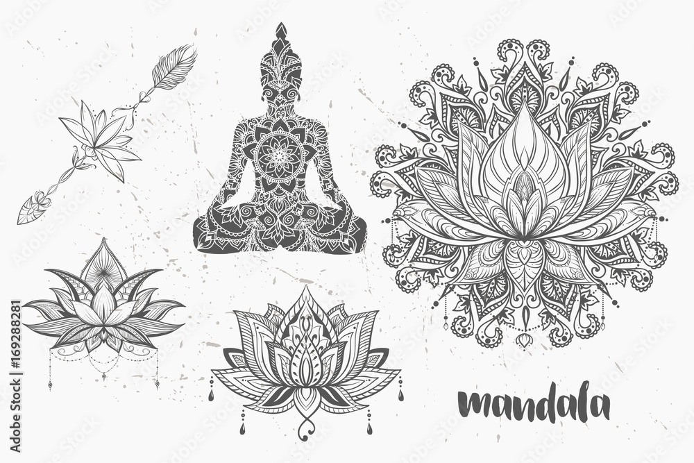 Mandala set and other elements. Vector. Mandala tattoo. , boho style,  kaleidoscope, medallion, yoga, india, Arabic. circular pattern, sketch for  tattoo Stock Vector