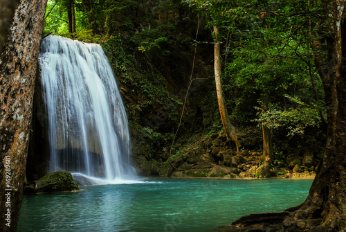 waterfall in the tropical forest where is in at Erawan National Park  Thailand