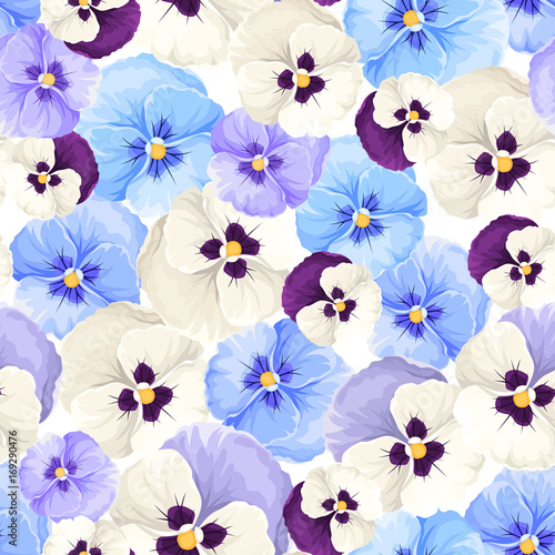 Vector seamless pattern with blue, purple and white pansy flowers.