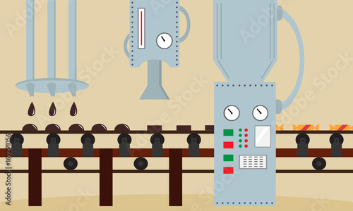Candy factory. Machine for the production of chocolates candy. Flat style, vector illustration.