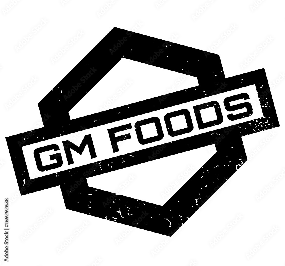 Obraz premium Gm Foods rubber stamp. Grunge design with dust scratches. Effects can be easily removed for a clean, crisp look. Color is easily changed.