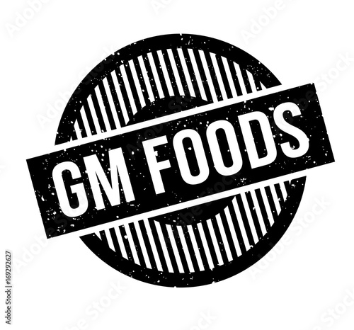 Gm Foods rubber stamp. Grunge design with dust scratches. Effects can be easily removed for a clean, crisp look. Color is easily changed.