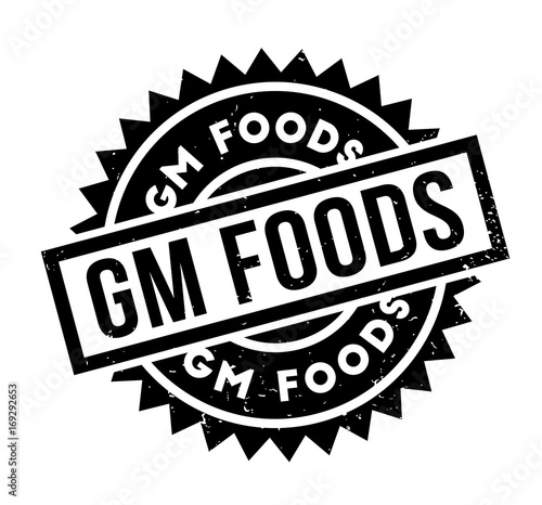 Gm Foods rubber stamp. Grunge design with dust scratches. Effects can be easily removed for a clean, crisp look. Color is easily changed.